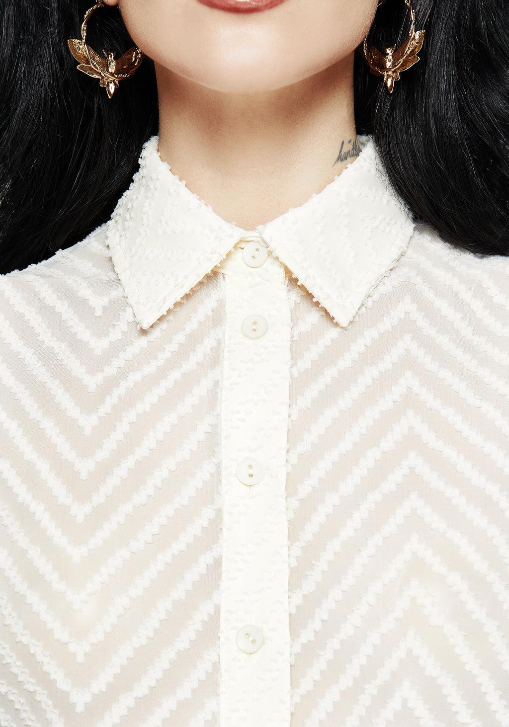 Chevron Button Up Blouse Top - White Product Image
