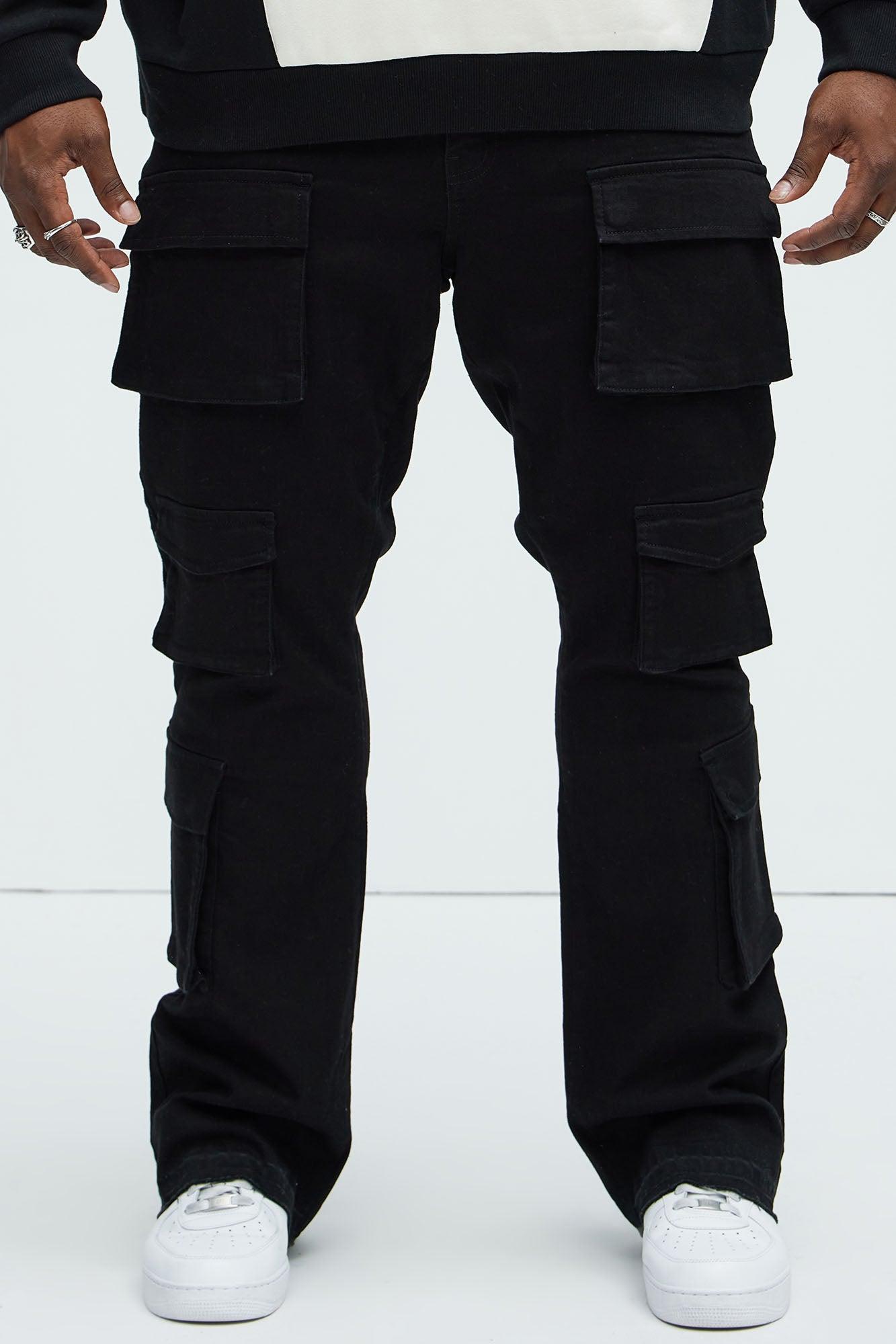 Three Cargo Stacked Skinny Flare Jeans - Black Product Image