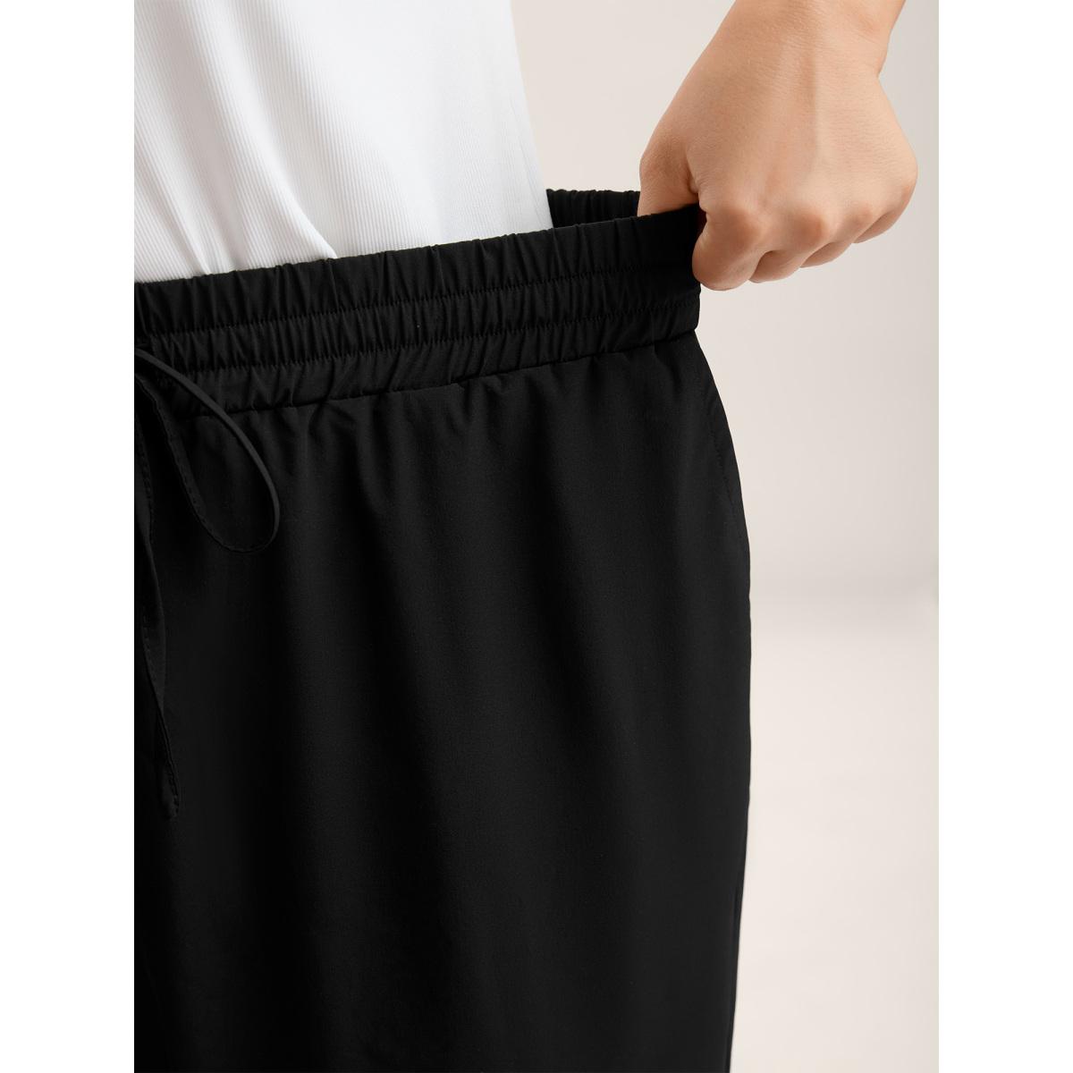 Plus Size Shirred Waist Tie Straight-Leg Crop Pants Women Black Leisure Straight Leg Mid Rise Casual Pants BloomChic 12/L Product Image