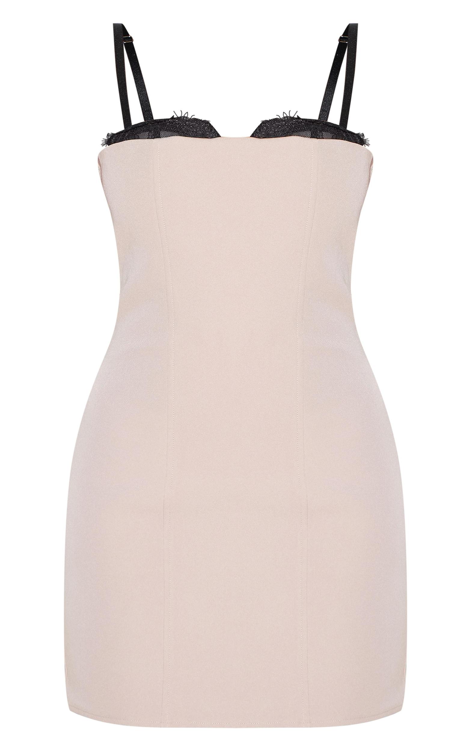 Taupe Lace Bust Detail Woven Bodycon Dress Product Image