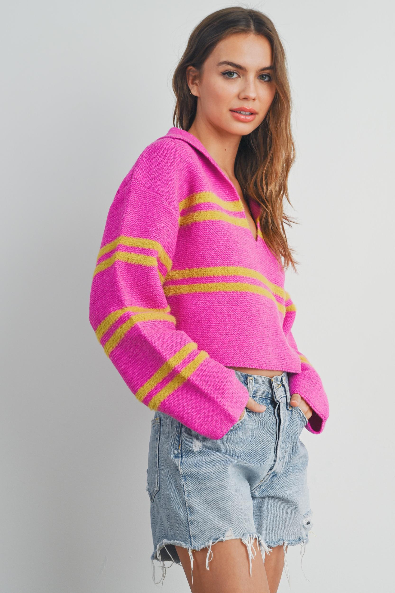 Stripe Cozy Collared Crop Sweater Product Image