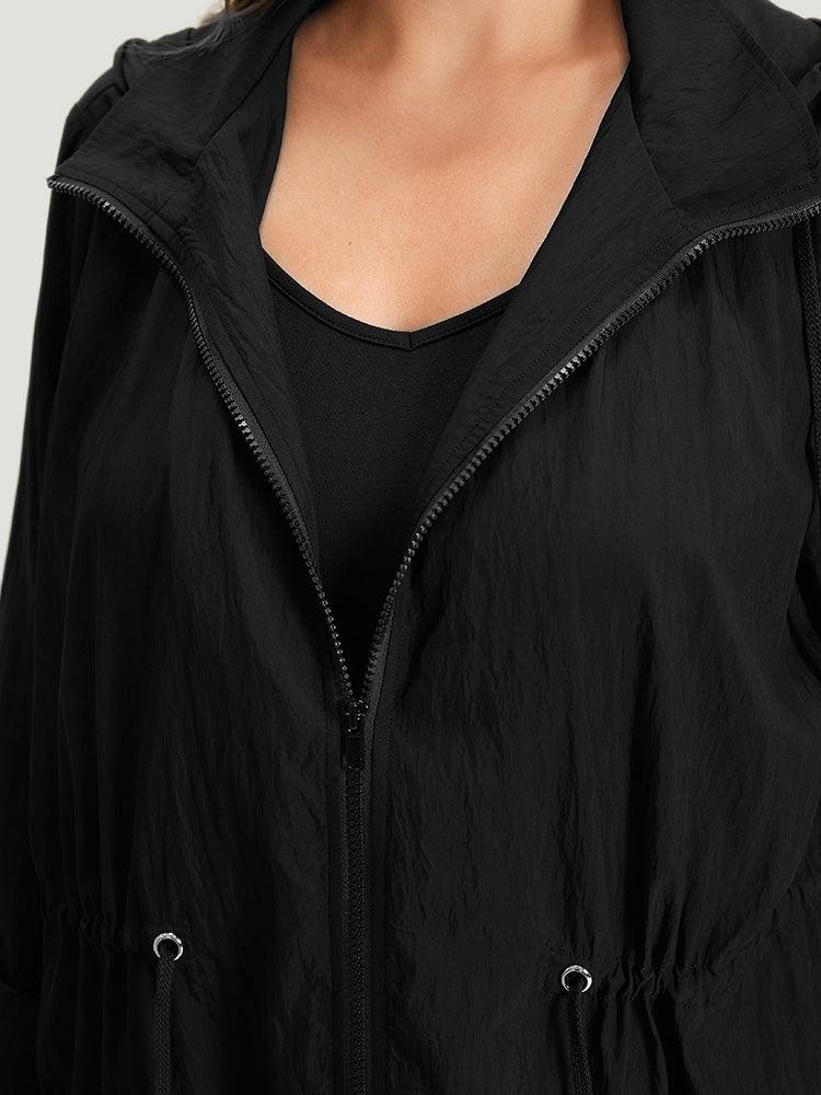 Plain Hooded Zipper Drawstring Tab Sleeve Coat Female Product Image