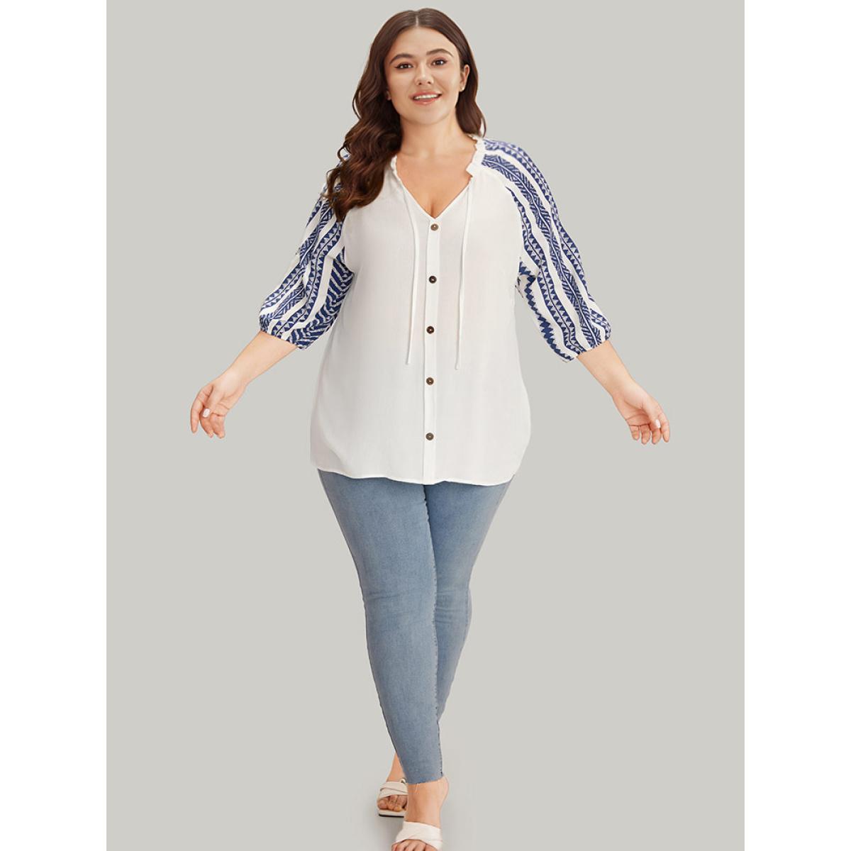 Plus Size DarkBlue Boho Print Tie Neck Patchwork Lantern Sleeve Blouse Women Vacation Elbow-length sleeve Tie Neck Dailywear Blouses BloomChic 10/M Product Image