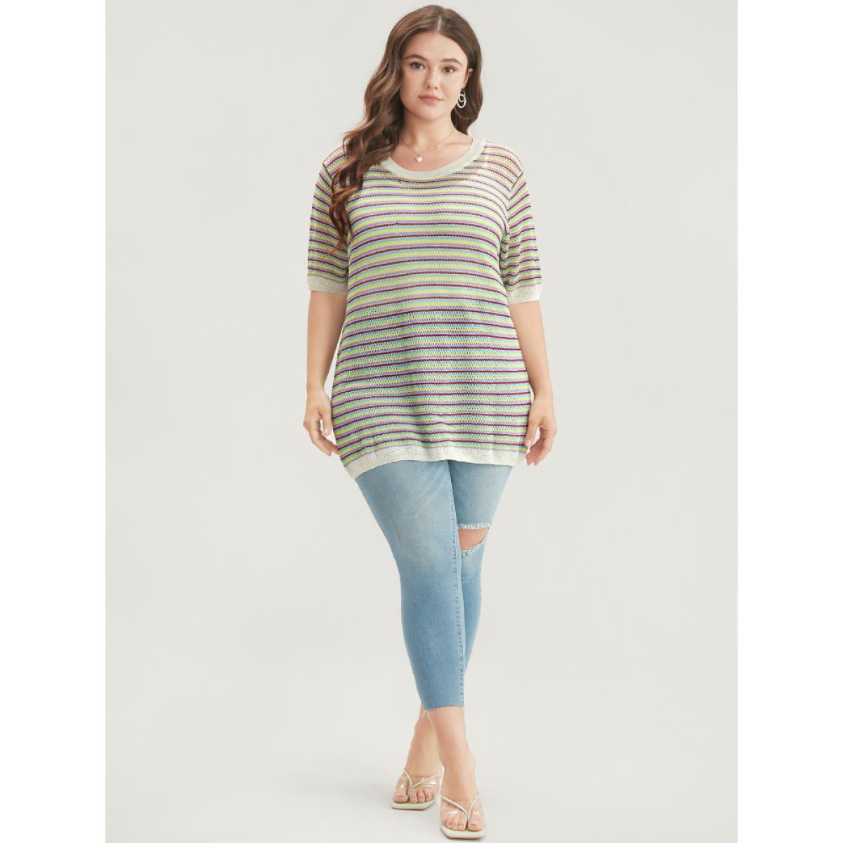 Plus Size Striped Contrast Round Neck Knit Top Multicolor Women Vacation Short sleeve Round Neck Dailywear Pullovers BloomChic 18-20/2X Product Image