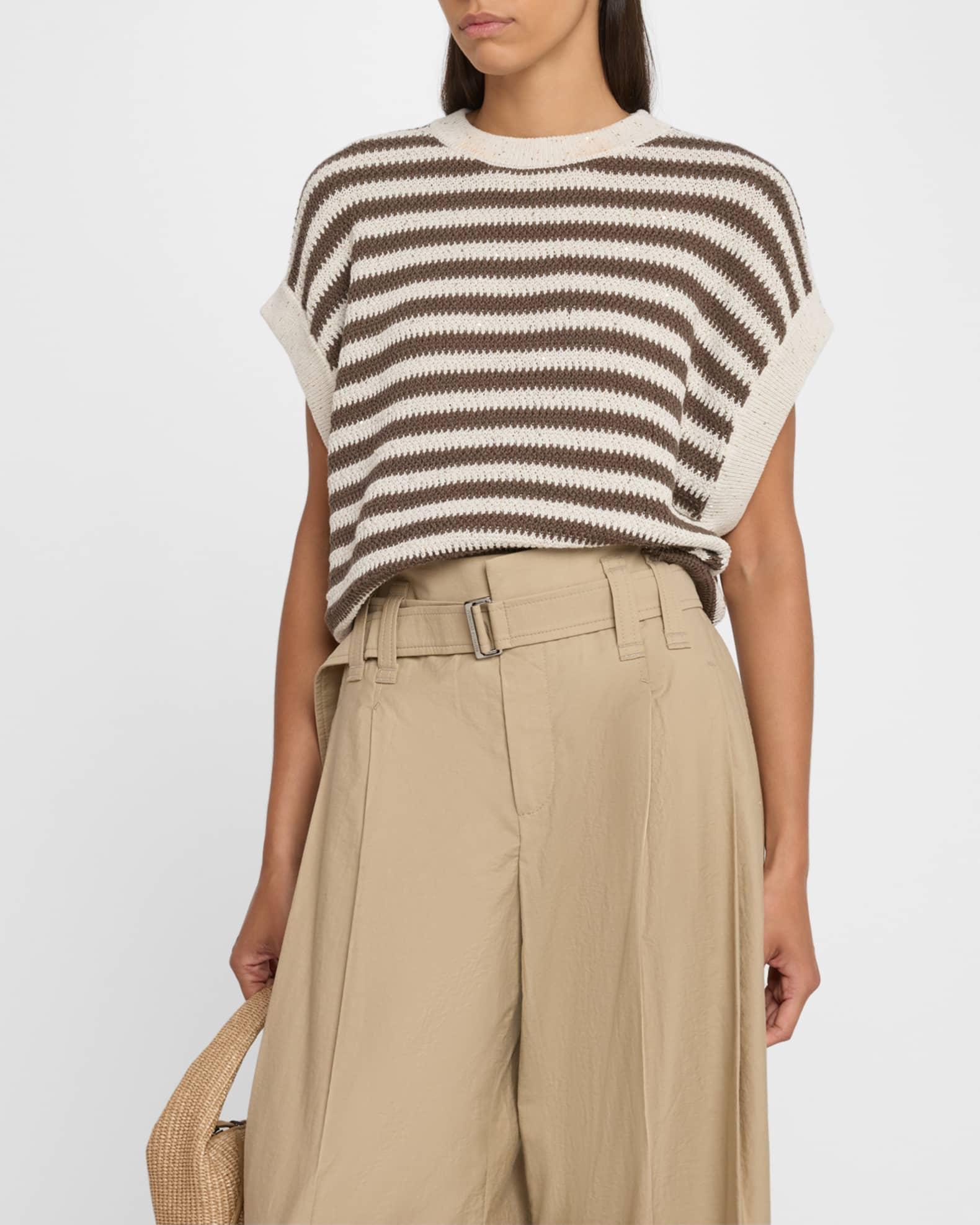 Striped Cap-Sleeve Paillette Knit Sweater Product Image