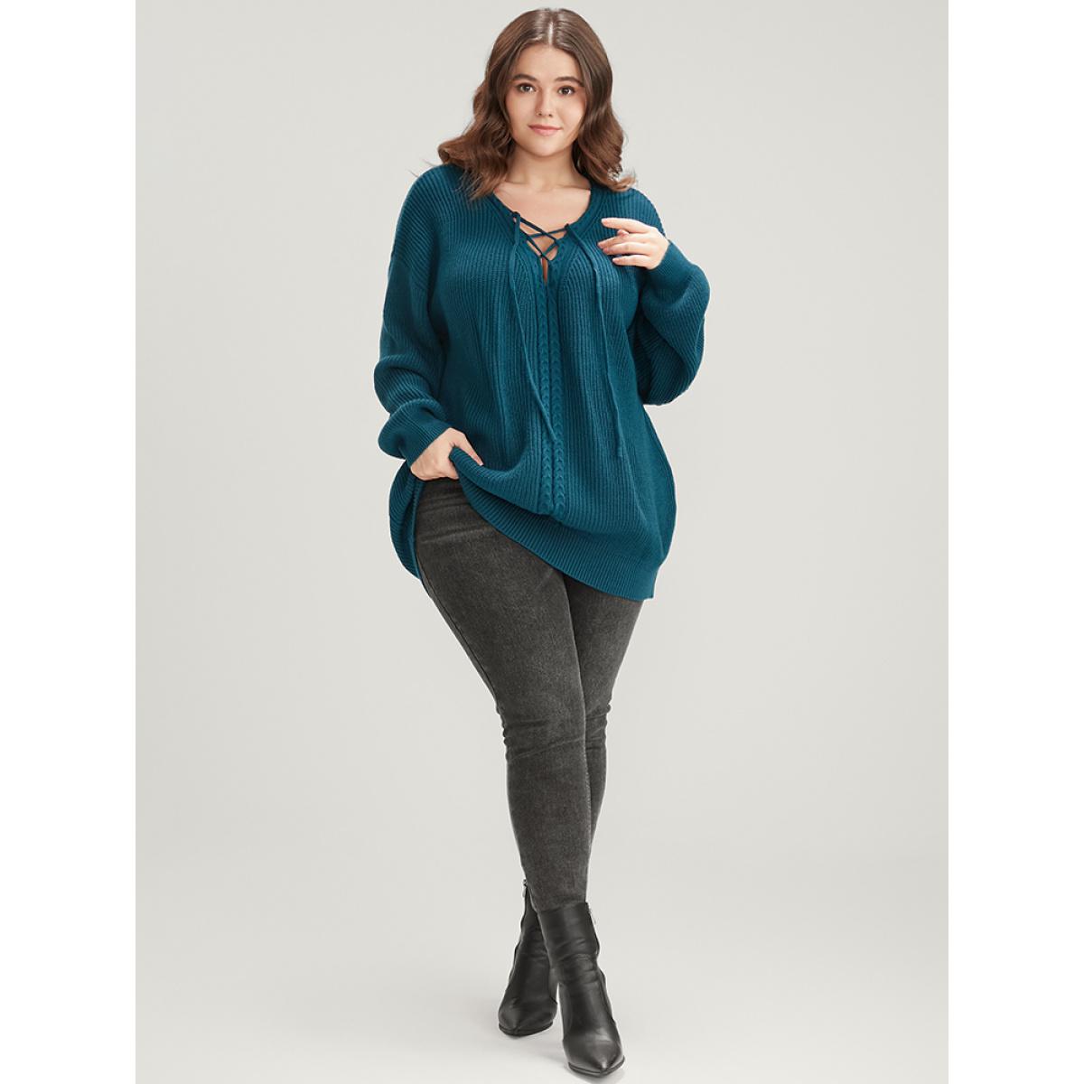 Plus Size Solid Pointelle Knit Lace Up Deep V Neck Knit Top Aegean Women Elegant Loose Long Sleeve Deep V-neck Dailywear Pullovers BloomChic 22-24/3X Product Image