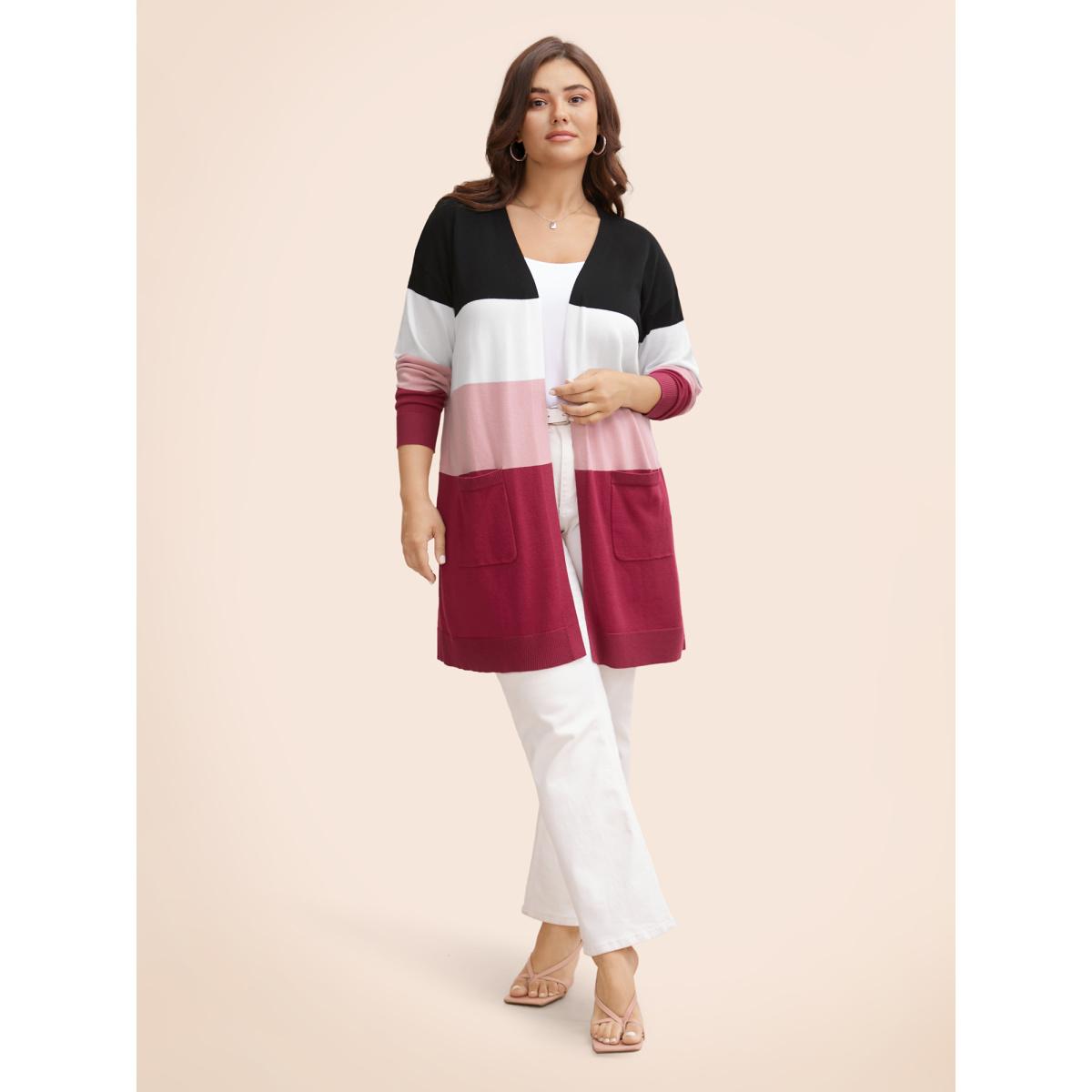 Plus Size Supersoft Essentials Colorblock Contrast Pocket Cardigan Rosered Women Casual Loose Three Quater Length Sleeve Everyday Cardigans BloomChic 22-24/3X Product Image