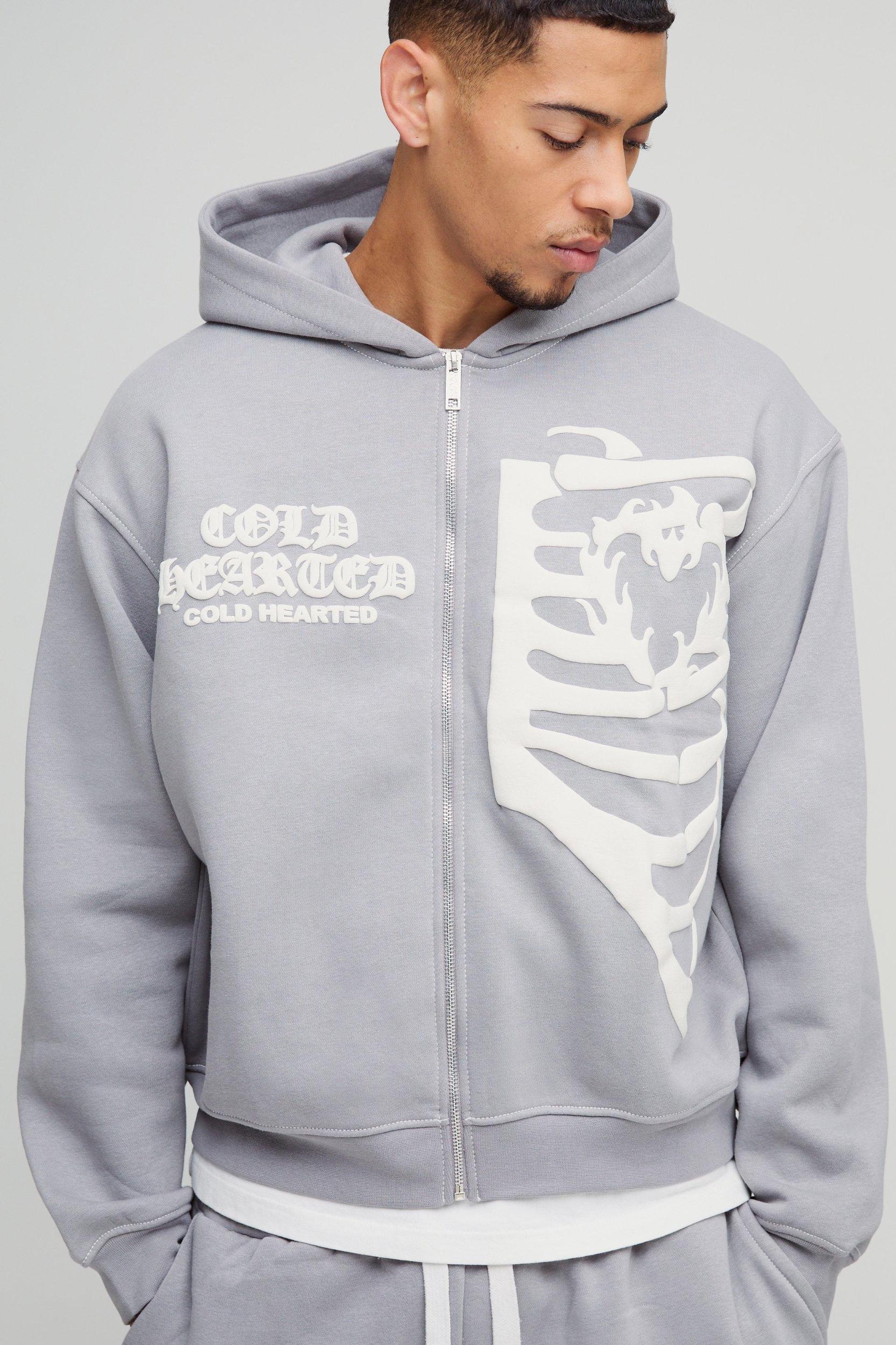 Oversized Boxy Skeleton Puff Print Contrast Stitch Zip Through Hooded Tracksuit | boohooMAN USA Product Image