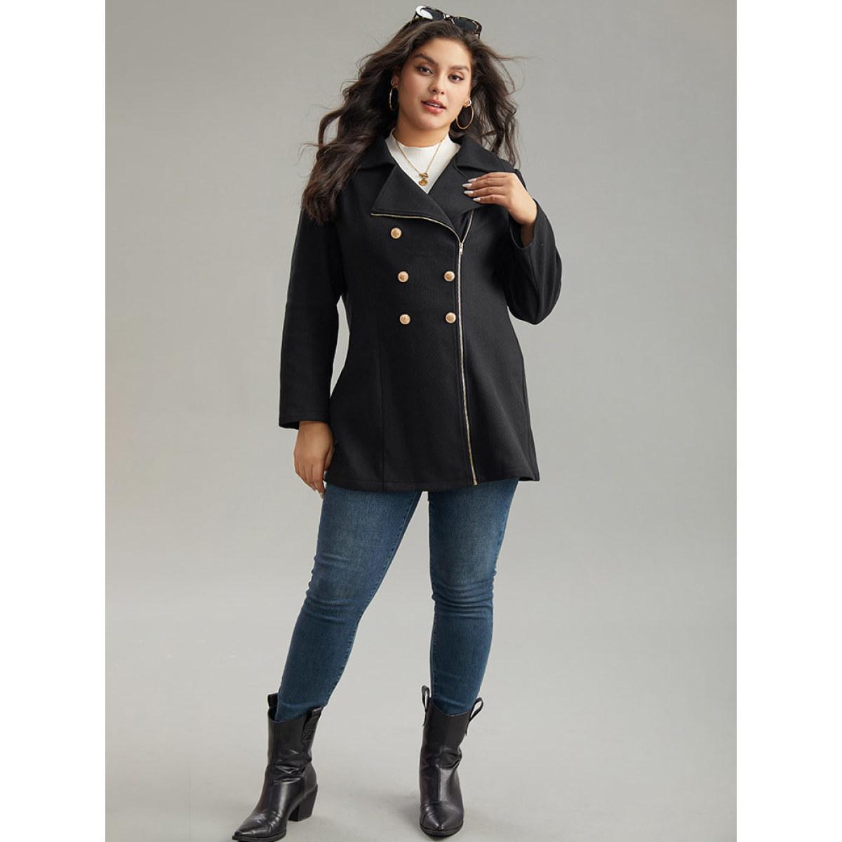 Plus Size Asymmetrical Neck Buckle Detail Zipper Coat Women Black Casual Texture Ladies Dailywear Winter Coats BloomChic 22-24/3X Product Image