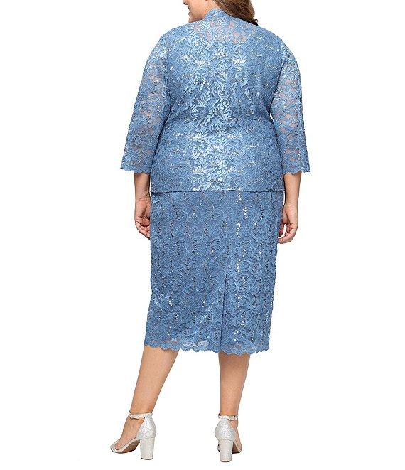 Ignite Evenings Plus Size Scalloped Sequin Lace Square Neck 3/4 Sleeve 2-Piece Jacket Dress Product Image