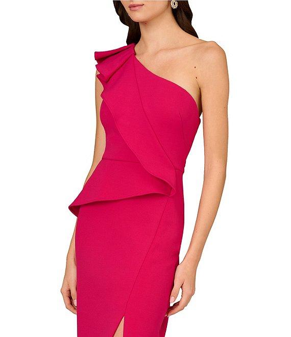 Aidan Mattox Bonded Crepe One-Shoulder Sleeveless Front Drape Midi Sheath Dress Product Image