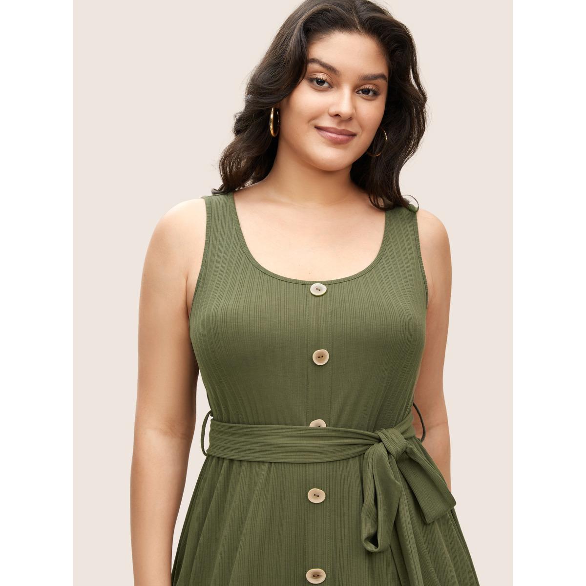 Plus Size Solid Button Detail Sleeveless Knit Dress ArmyGreen Women Casual Texture U-neck Sleeveless Curvy Midi Dress BloomChic 14-16/1X Product Image