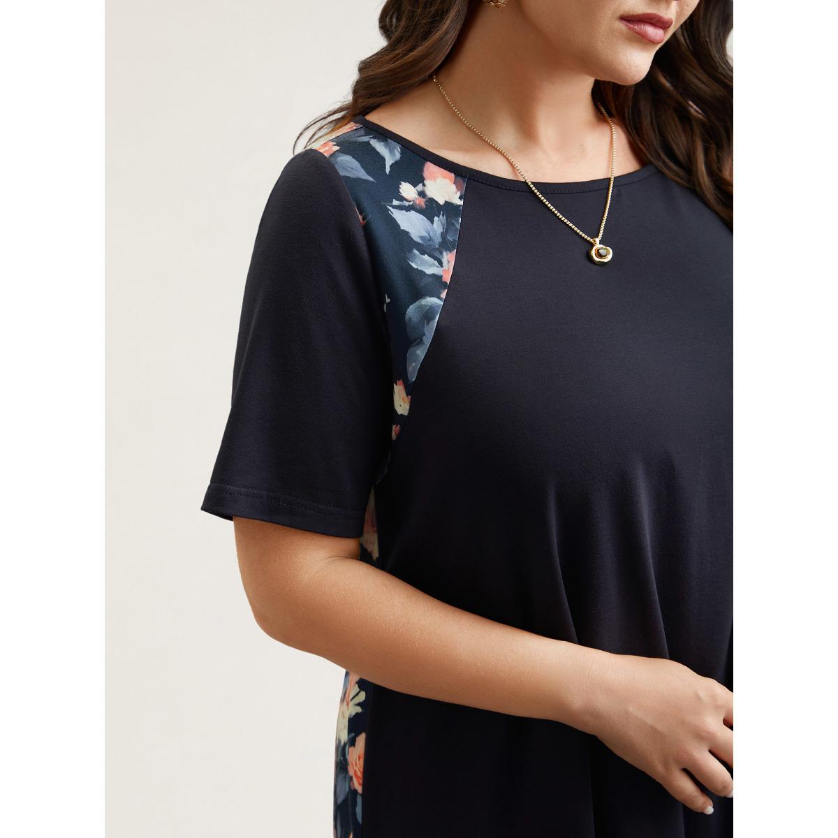 Plus Size Round Neck Floral Print Patchwork Half Sleeve T-Shirt Midnight Women Elegant Contrast Natural Flowers Boat Neck Loose Everyday T-shirts BloomChic 22-24/3X Product Image