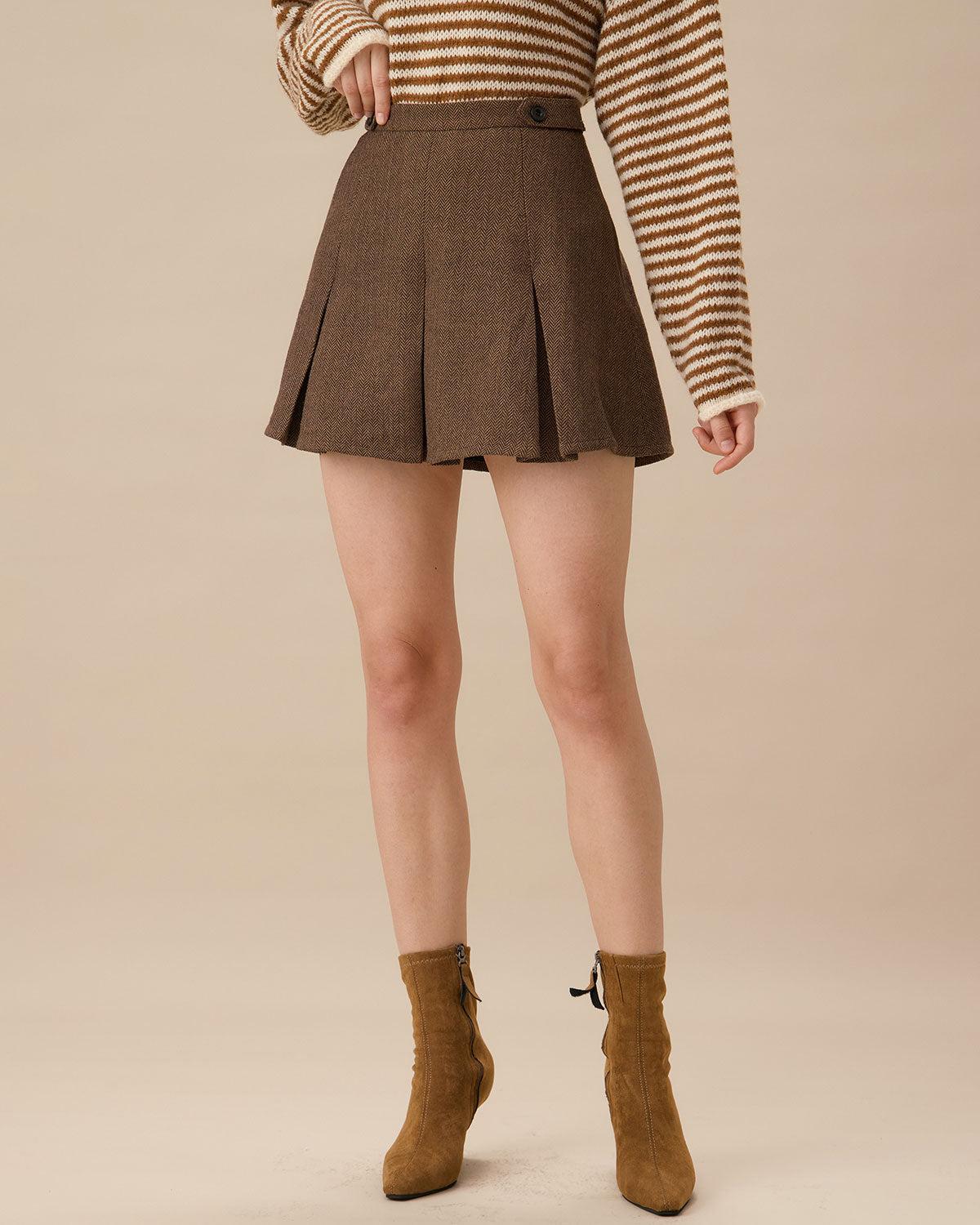 Brown Striped Pleated Mini Skirt Product Image