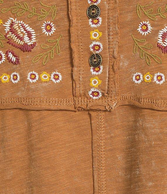 Reba Sedona Scoop Neck Long Sleeve Embroidered Henley Tee Product Image