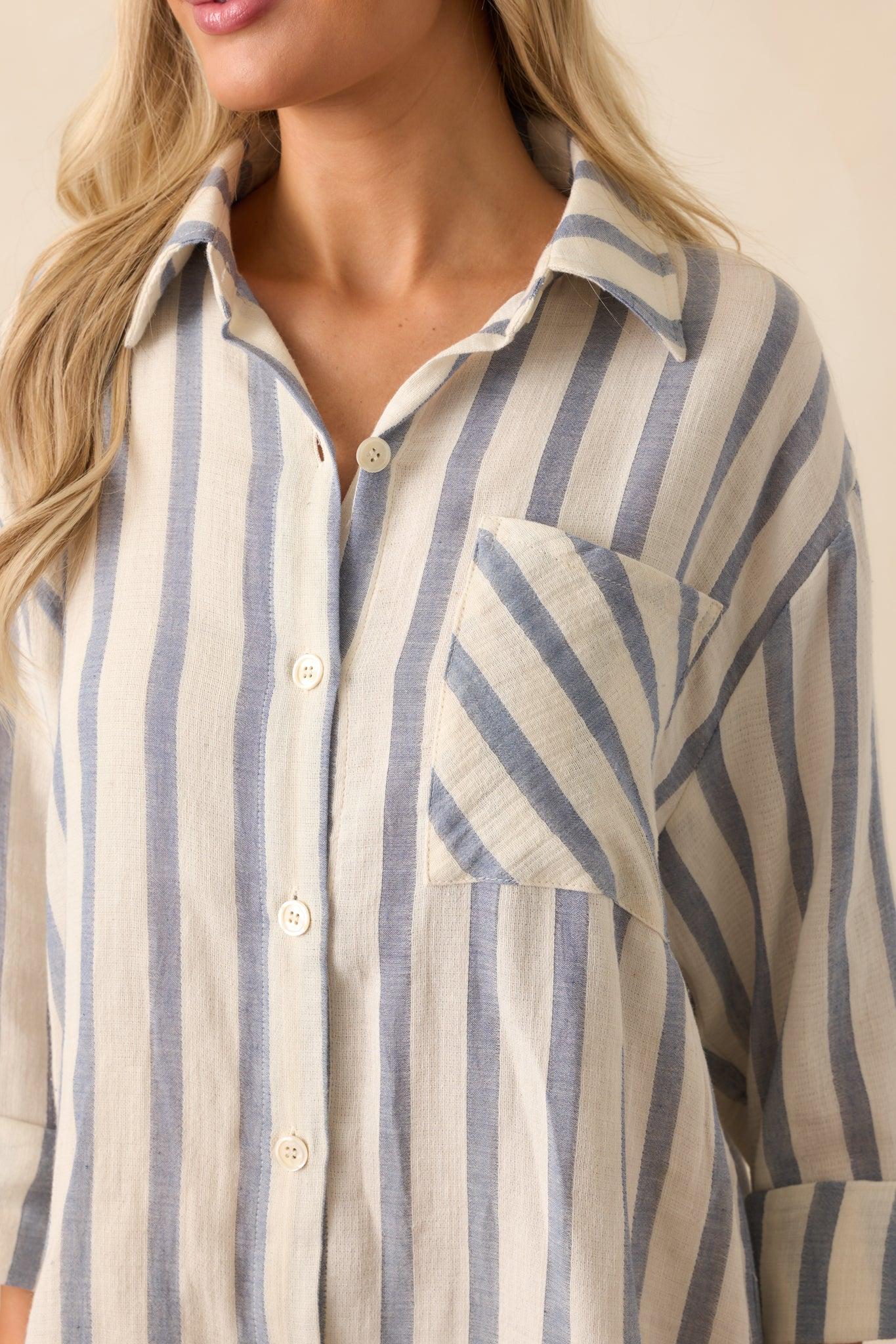 Better Than Expected Blue Stripe Cotton Mini Shirt Dress Product Image