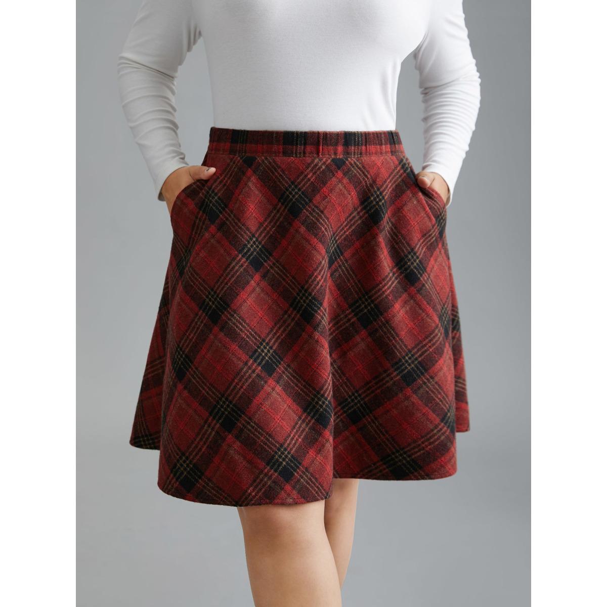 Plus Size Plaid Pattern Elastic Waist A-line Mini Skirt Women Scarlet Elegant Low stretch Slanted pocket Everyday Skirts BloomChic 10/M Product Image