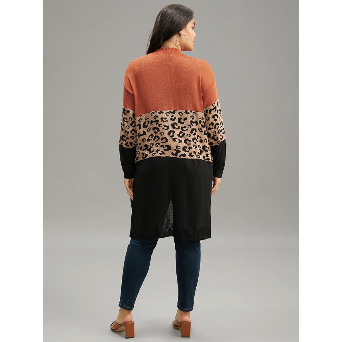 Plus Size Leopard Colorblock Patchwork Patched Pocket Cardigan Multicolor Women Casual Loose Long Sleeve Dailywear Cardigans BloomChic 28/5X Product Image