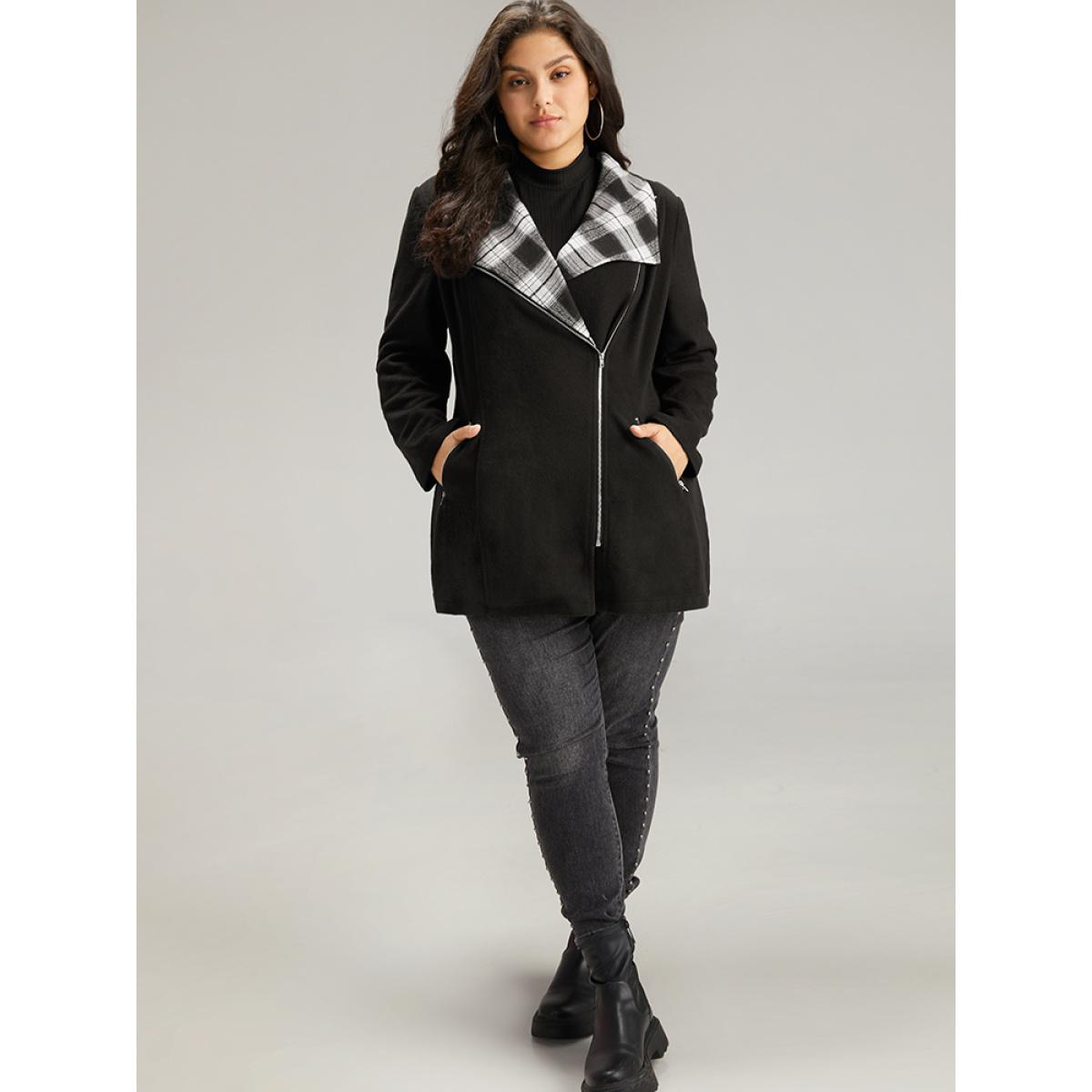 Plus Size Plaid Patchwork Lapel Collar Zipper Coat Women Black Elegant Contrast Ladies Everyday Winter Coats BloomChic 18-20/2X Product Image