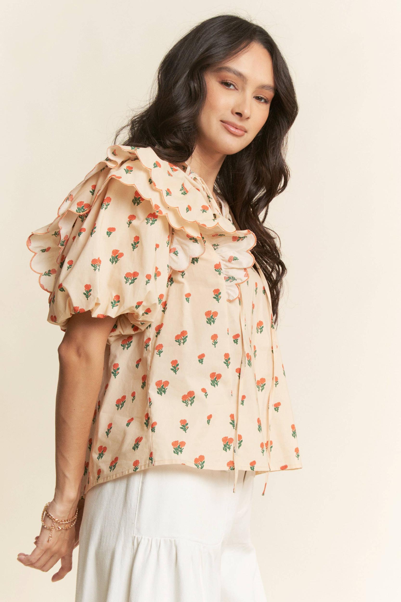 CONTRAST EDGE RUFFLE PUFF SLEEVE BLOUSE TOP: MOCHA BROWN Product Image