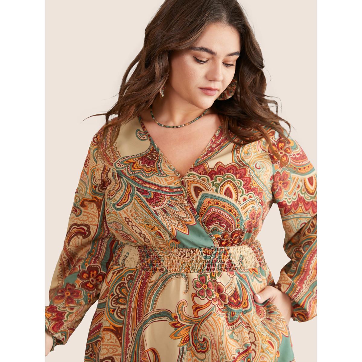 Plus Size Paisley Shirred Split Side Overlap Collar Dress Apricot Women Vacation Elastic cuffs Overlap Collar Long Sleeve Curvy Midi Dress BloomChic 14-16/1X Product Image
