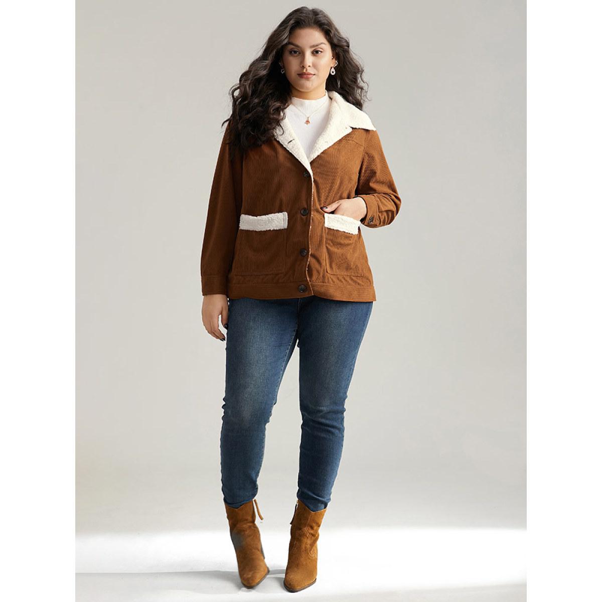 Plus Size Corduroy Lapel Collar Fuzzy Patchwork Button Fly Coat Women Maroon Casual Contrast Ladies Dailywear Winter Coats BloomChic 12/L Product Image