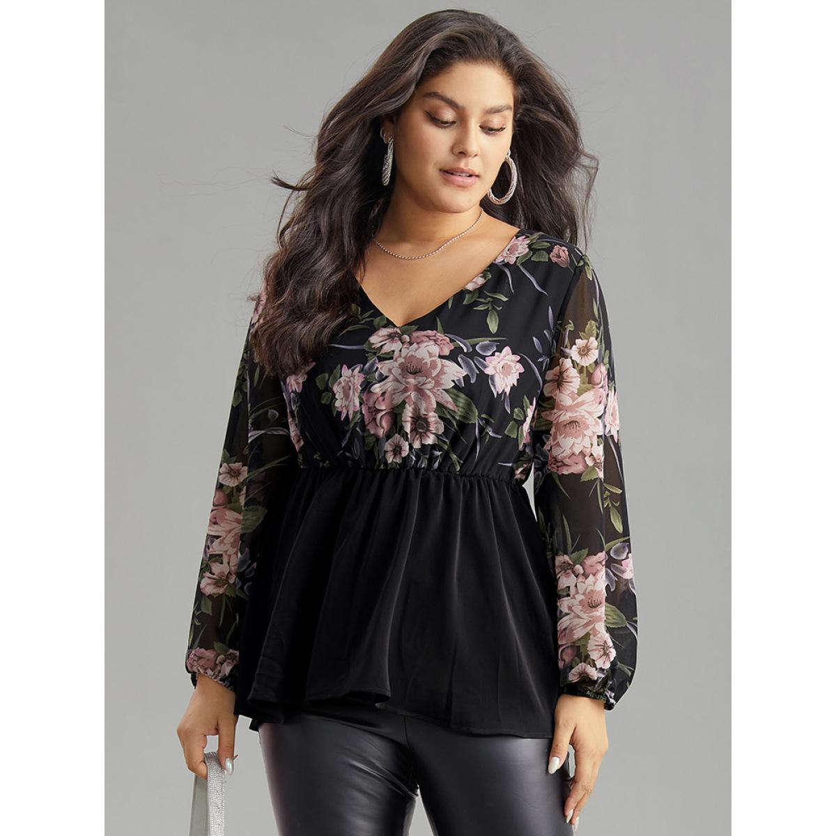 Plus Size Black Floral Print Patchwork Elastic Waist Lantern Sleeve Blouse Women Elegant Long Sleeve V-neck Going out Blouses BloomChic 14-16/1X Product Image