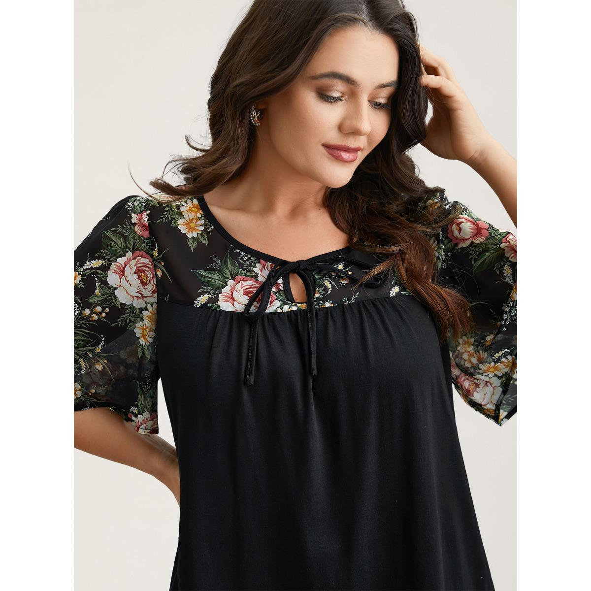 Plus Size Floral Print Spliced Neck-Tie T-Shirt Black Women Elegant Tie knot Natural Flowers Round Neck Everyday T-shirts BloomChic 12/L Product Image