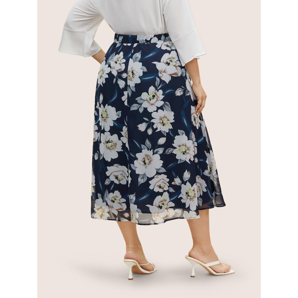 Plus Size Chiffon Mesh Floral Elastic Waist Skirt Women Navy Elegant See through No stretch Side seam pocket Everyday Skirts BloomChic 18-20/2X Product Image