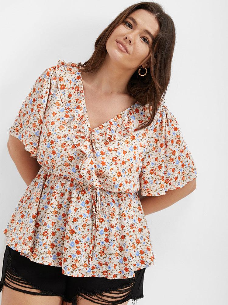 Ditsy Floral V Neck Ruffle Tie Front Blouse Female Product Image