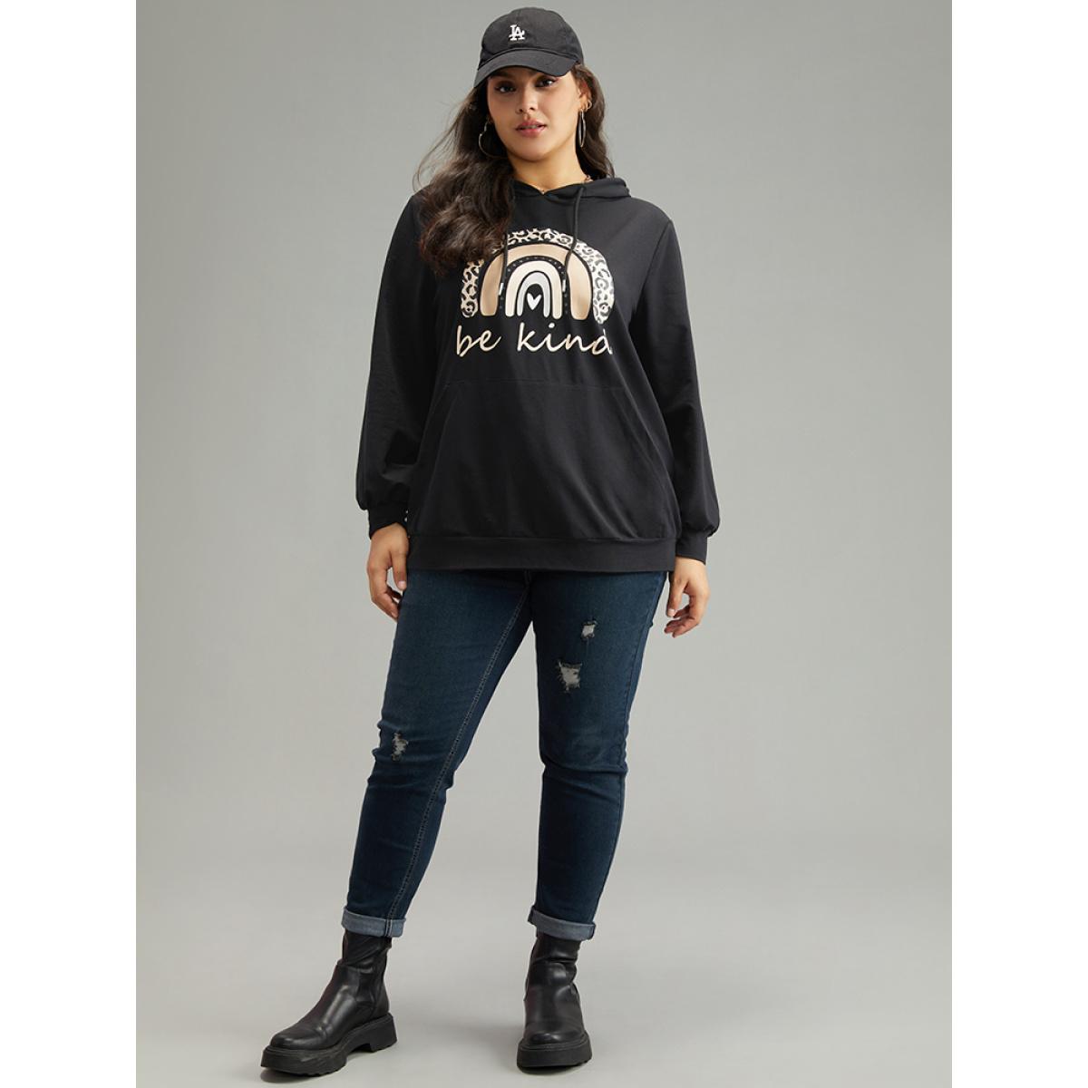 Plus Size Rainbow Print Hooded Pocket Drawstring Sweatshirt Women Black Casual Elastic cuffs Dailywear Sweatshirts BloomChic 12/L Product Image