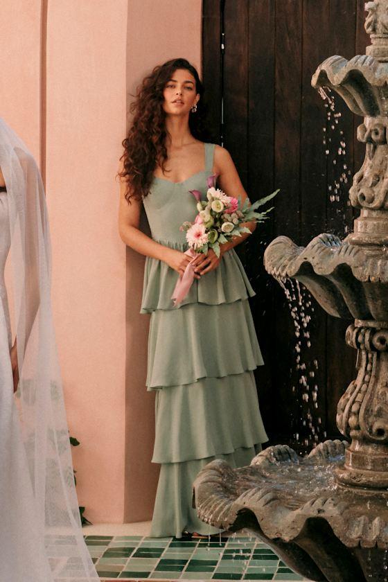 Carlynda Sage Brush Tiered Bustier Maxi Dress Product Image