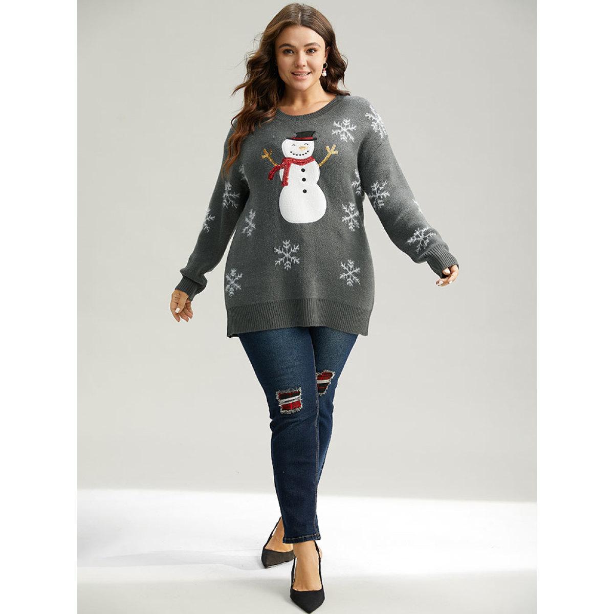 Plus Size Sequin Christmas Graphic Drop Shoulder Pullover DimGray Women Casual Loose Long Sleeve Round Neck Festival-Christmas Pullovers BloomChic 28/5X Product Image