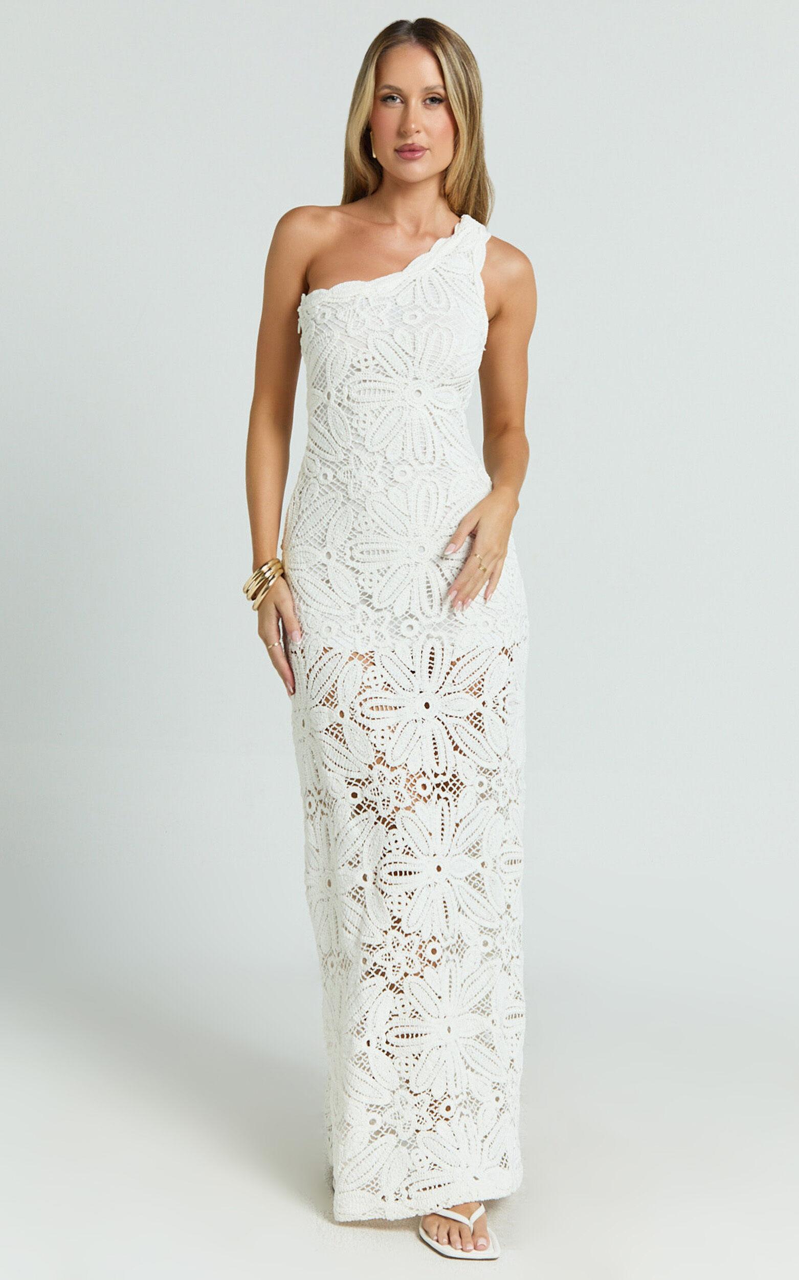 Charlene Maxi Dress - Crochet Knitted One Shoulder Maxi Dress in White Product Image
