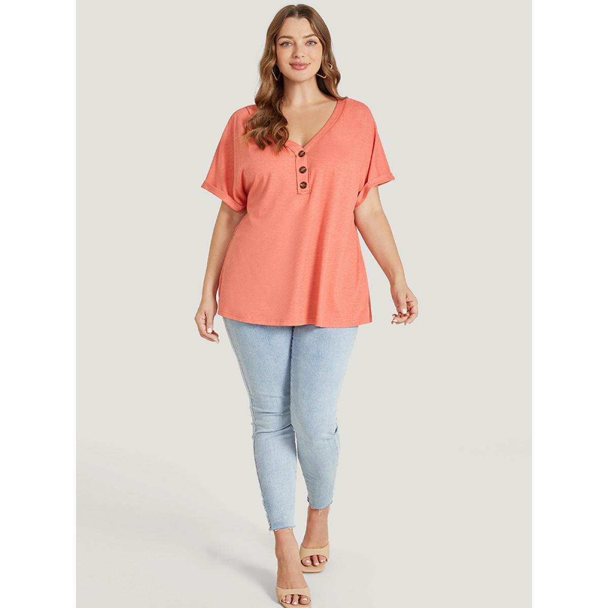 Plus Size Plain Button Detail Roll Dolman Sleeve T-shirt Coral Women Casual Plain V-neck Dailywear T-shirts BloomChic 26/4X Product Image