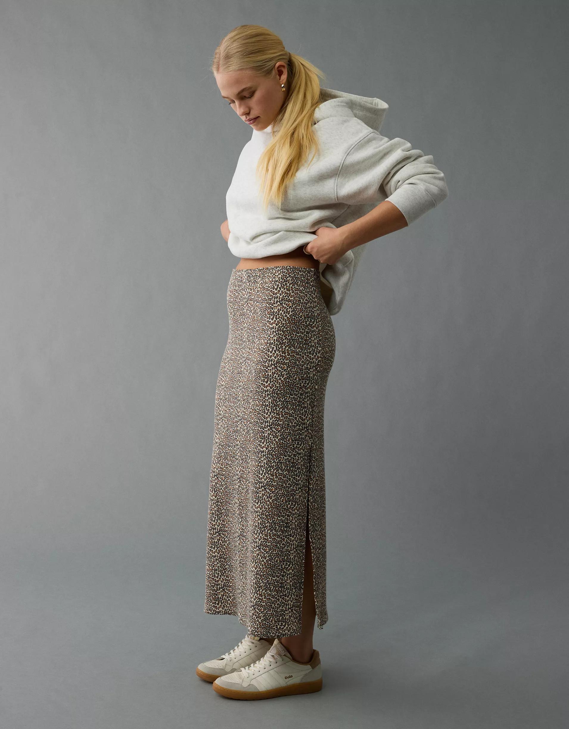 AE High-Waisted Leopard Column Maxi Skirt Product Image