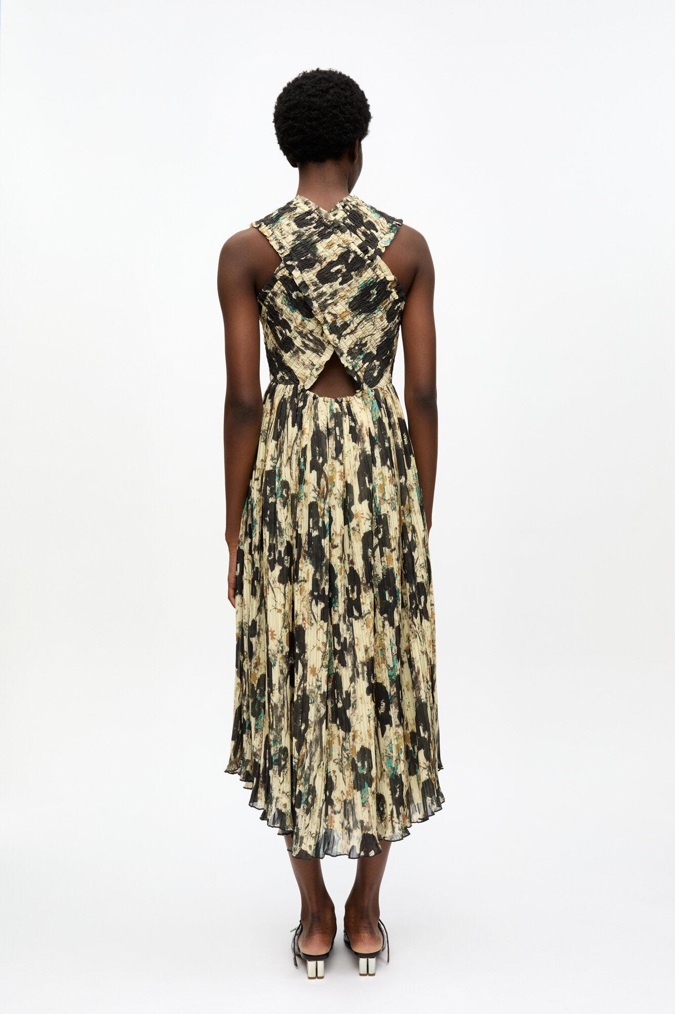 Printed Pleats Smock Midi Straps Dress Product Image