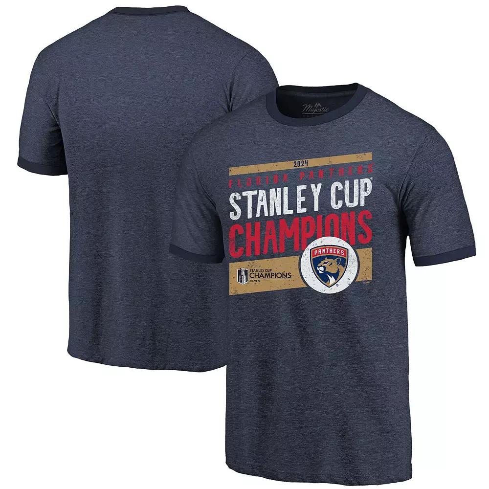 Men's Majestic Threads  Navy Florida Panthers 2024 Stanley Cup Champions Tri-Blend Ringer T-Shirt, Size: Medium, Pnt Blue Product Image