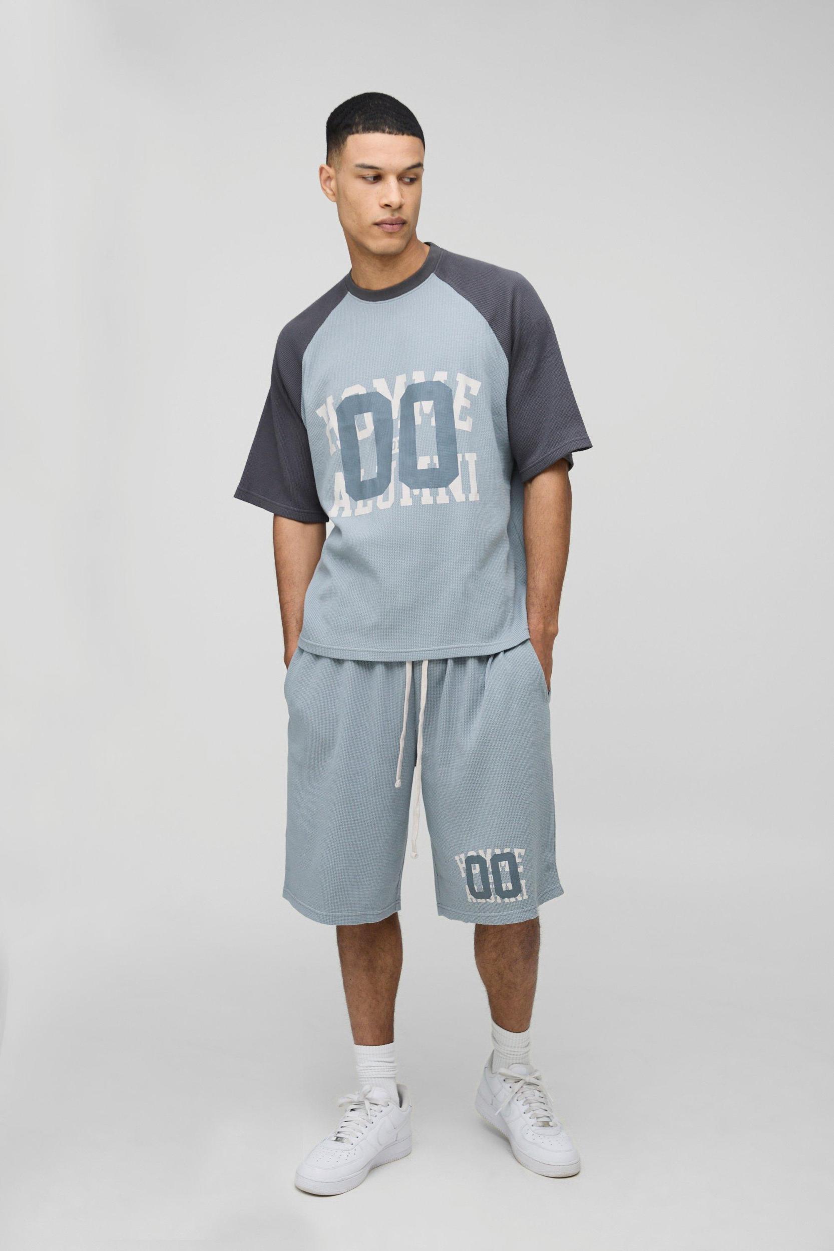 Tall Oversized Boxy Raglan Waffle Graphic T-Shirt & Oversized Short Set | boohooMAN USA Product Image
