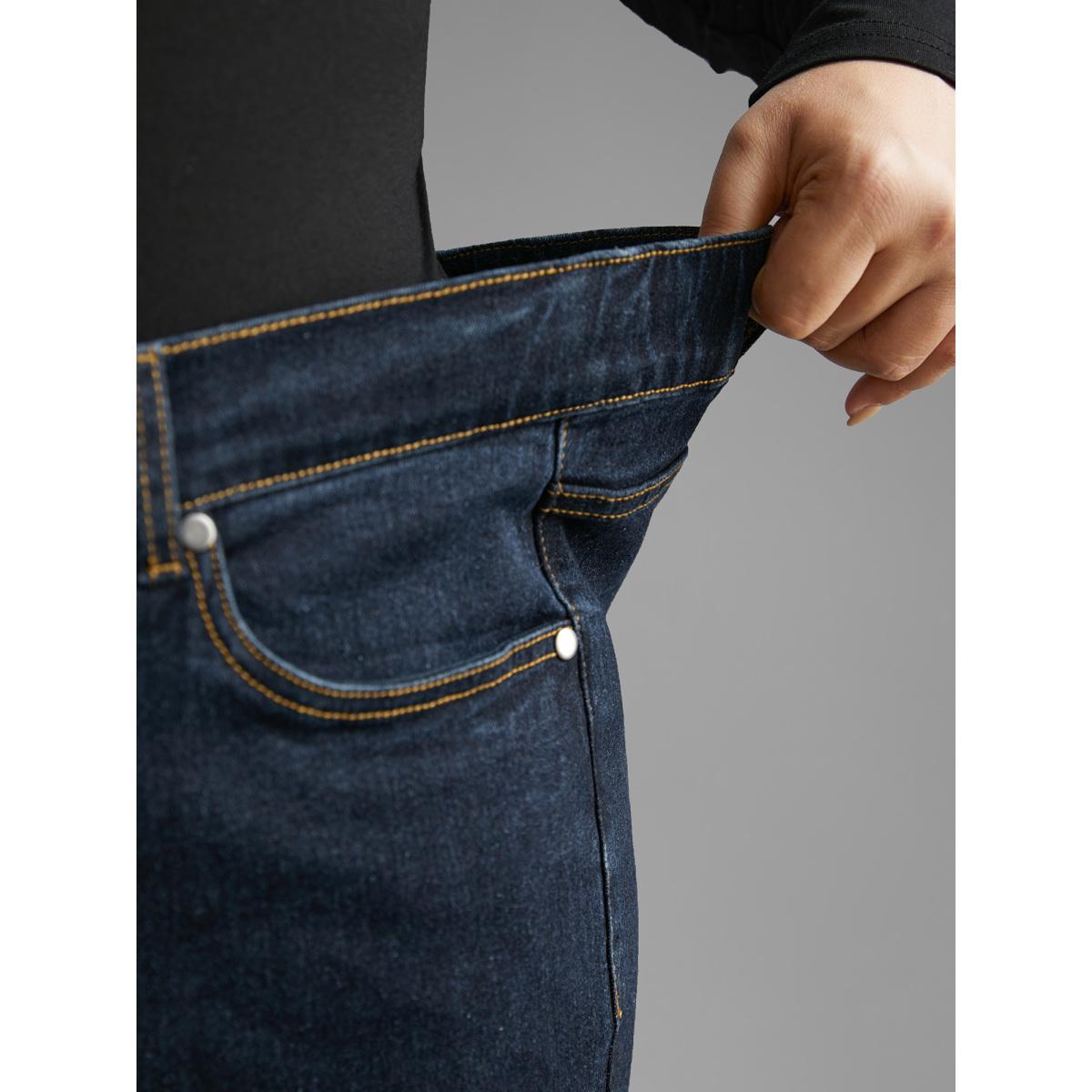 Plus Size Mid Rise Stretchy Bootcut Jeans Women Darkindigo Elegant Button Medium stretch Slanted pocket Jeans BloomChic 22/3X Product Image