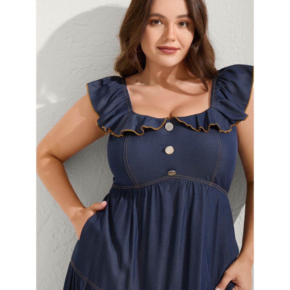 Plus Size Denim-Like Ruffled Tiered Midi Dress Indigo Women Boho Square Neck Cap Sleeve Curvy BloomChic 14-16/1X Product Image