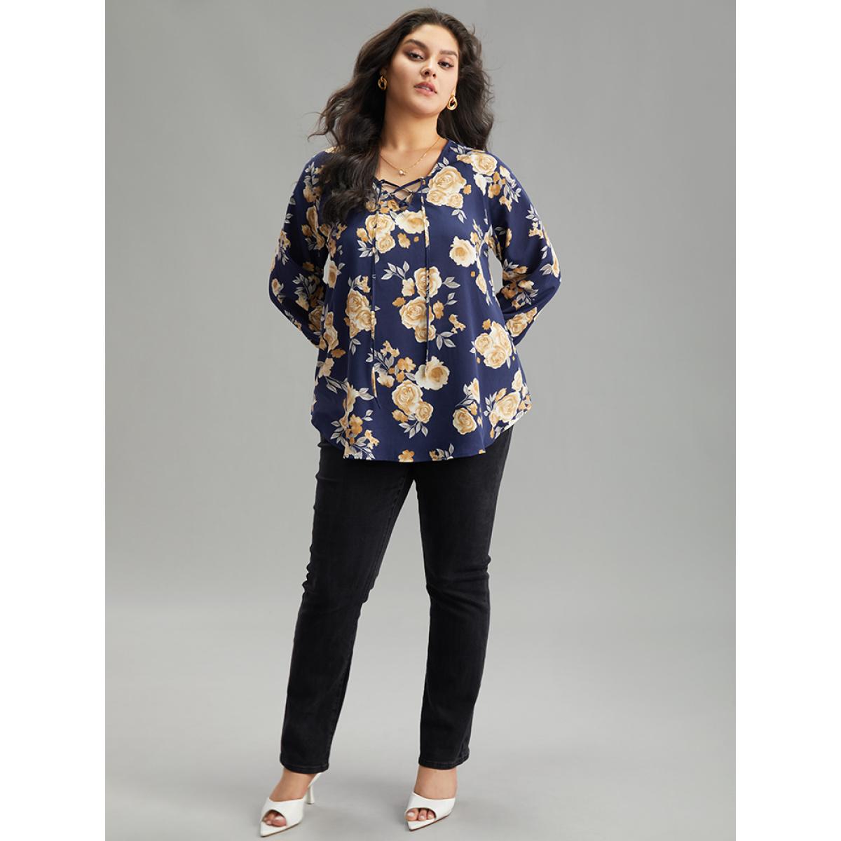 Plus Size Indigo Floral Print Lace Up Button Down Blouse Women Elegant Long Sleeve Tie Neck Dailywear Blouses BloomChic 10/M Product Image