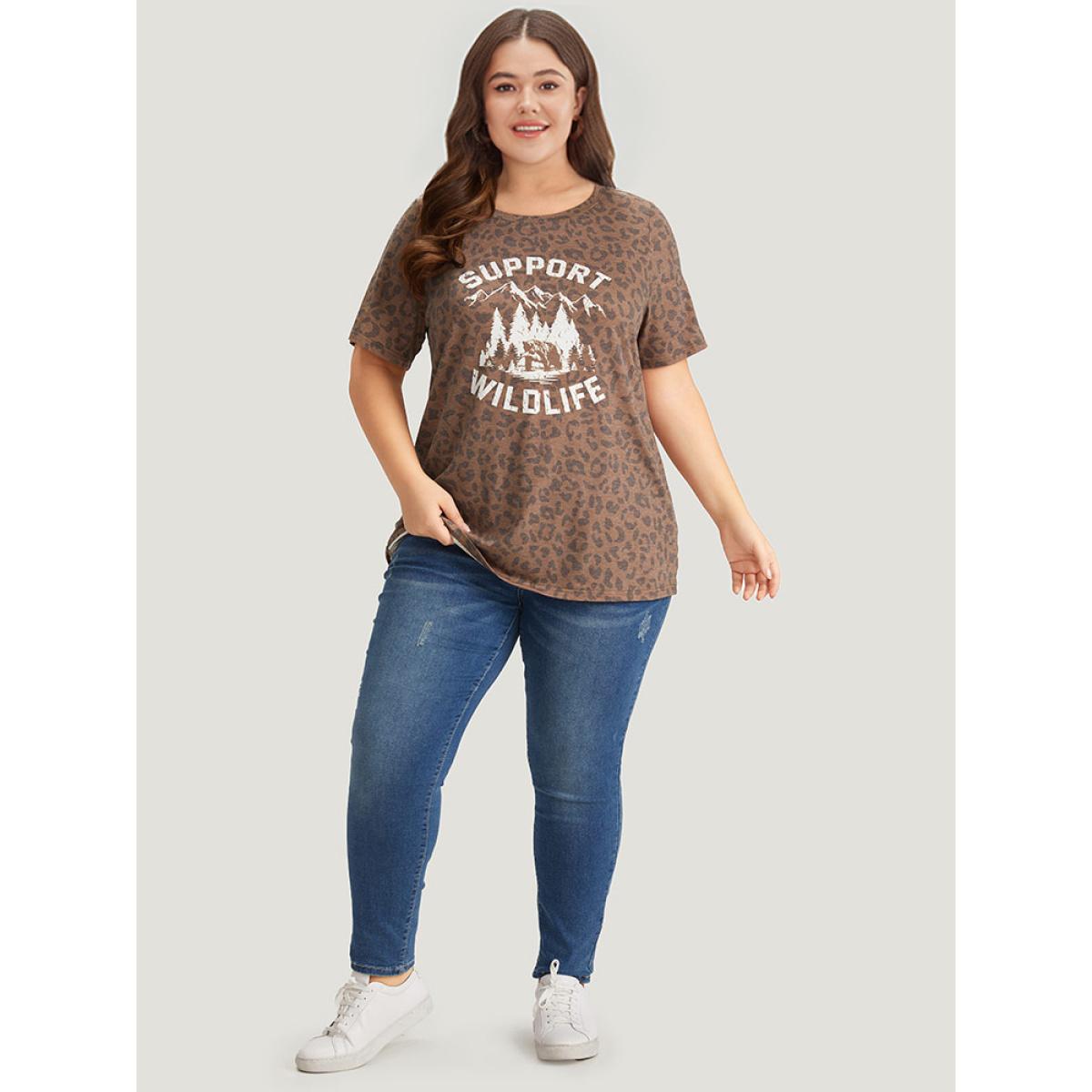 Plus Size Leopard Graphic & Letter Print Crew Neck T-shirt Multicolor Women Casual Landscape Dailywear T-shirts BloomChic 22-24/3X Product Image