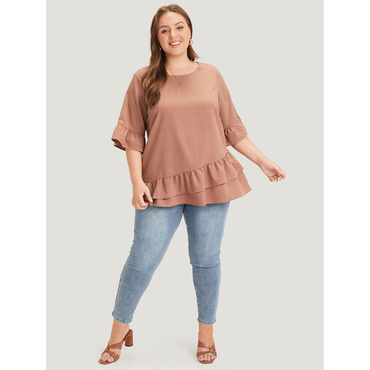 Plus Size Rouge Solid Bell Sleeve Ruffle Layered Blouse Women Elegant Half Sleeve Round Neck Dailywear Blouses BloomChic 10/M Product Image