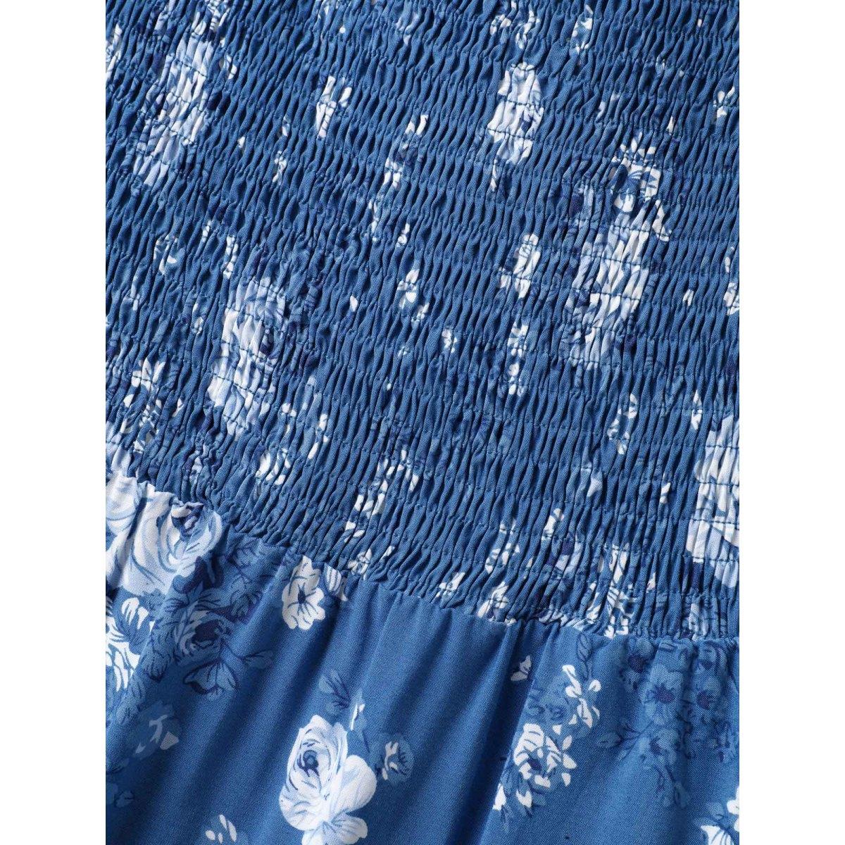 Plus Size Rosy Print Shirred Bust Pockets Midi Dress Mediumblue Women Square Neck Elbow-length sleeve Curvy BloomChic 10/M Product Image