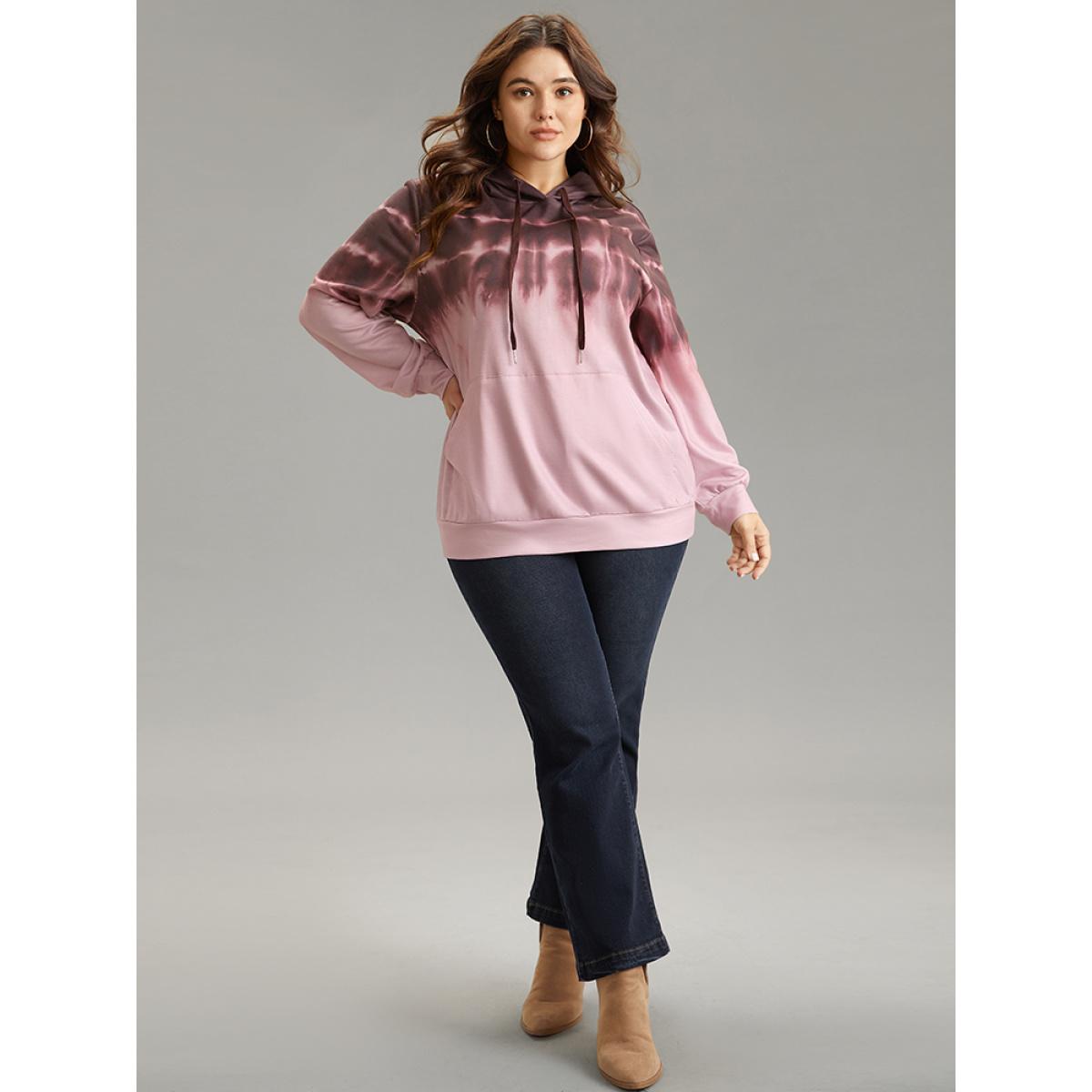Plus Size Tie Dye Kangaroo Pocket Hooded Drawstring Sweatshirt Women Maroon Casual Tie Dye Hooded Dailywear Sweatshirts BloomChic 28/5X Product Image