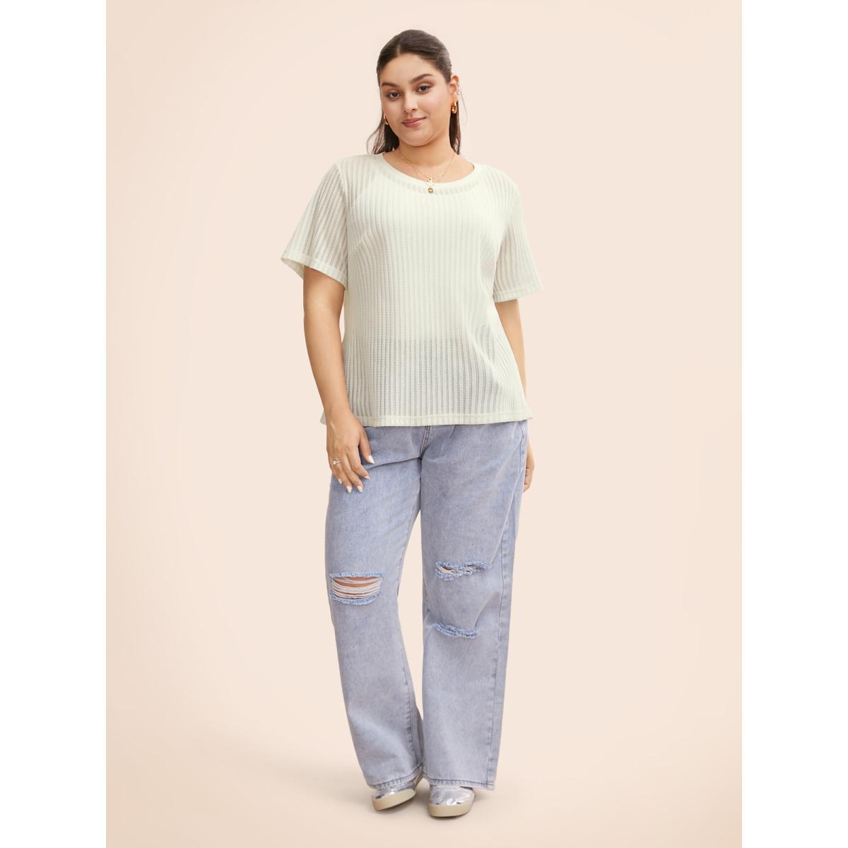 Plus Size Round Neck Pointelle Knit T-shirt Beige Women Casual Texture Round Neck Everyday T-shirts BloomChic 18-20/2X Product Image