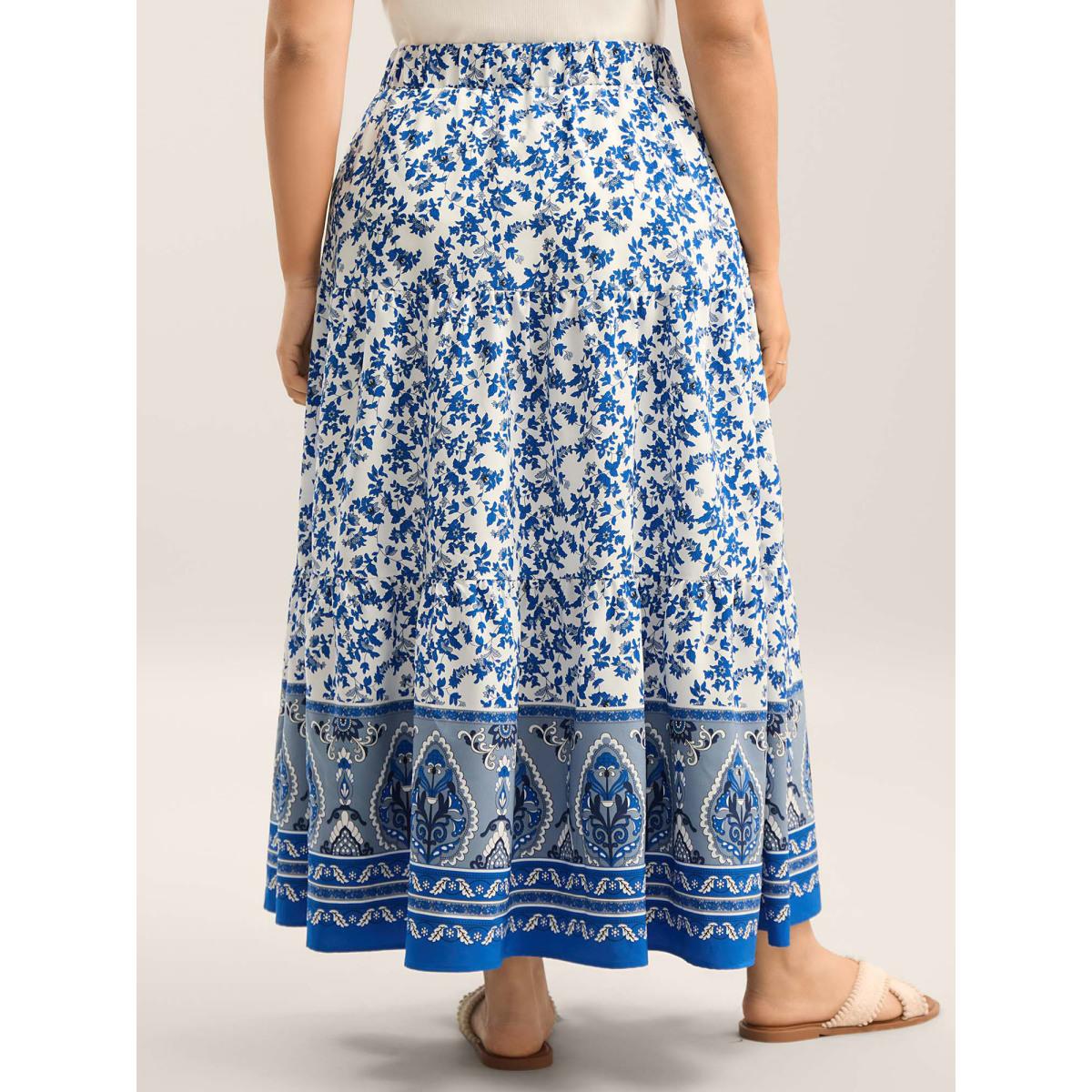 Plus Size Floral Boho Print Waist-Tie Maxi Skirt Women LightBlue Loose No stretch Side seam pocket Vacation Skirts BloomChic 18-20/2X Product Image