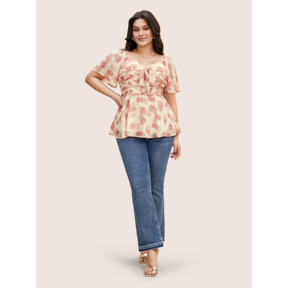 Plus Size Blush Heart Neckline Floral Tie Knot Ruched Blouse Women Elegant Short sleeve Heart neckline Everyday Blouses BloomChic 18-20/2X Product Image