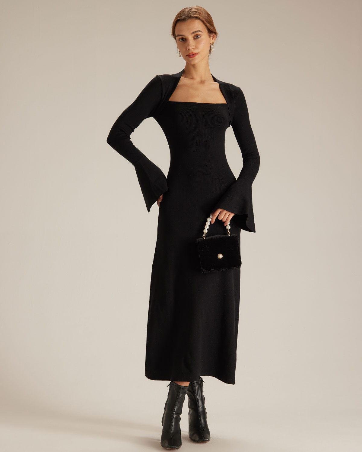 The Black Square Neck Flare Sleeve Midi Dress Product Image